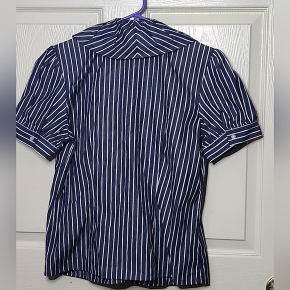 Lauren Ralph Lauren Women's white/blue stripe short sleeve ruffled front blouse - Picture 2 of 6